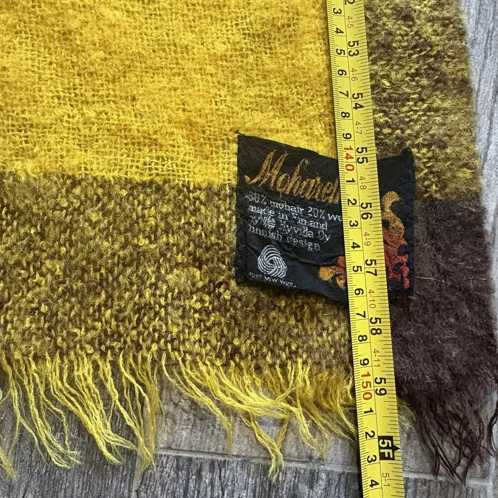 Vtg Mohair & Wool Throw Blanket Yellow Brown Red Fringe 60x48